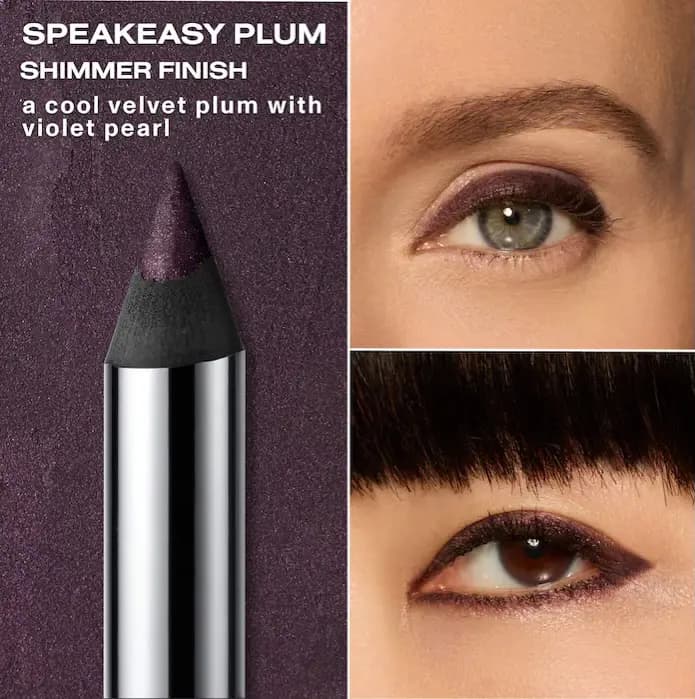 Close-up of a sharpened shimmery plum pencil tip beside two eyes lined in Speakeasy Plum, one with a winged flick