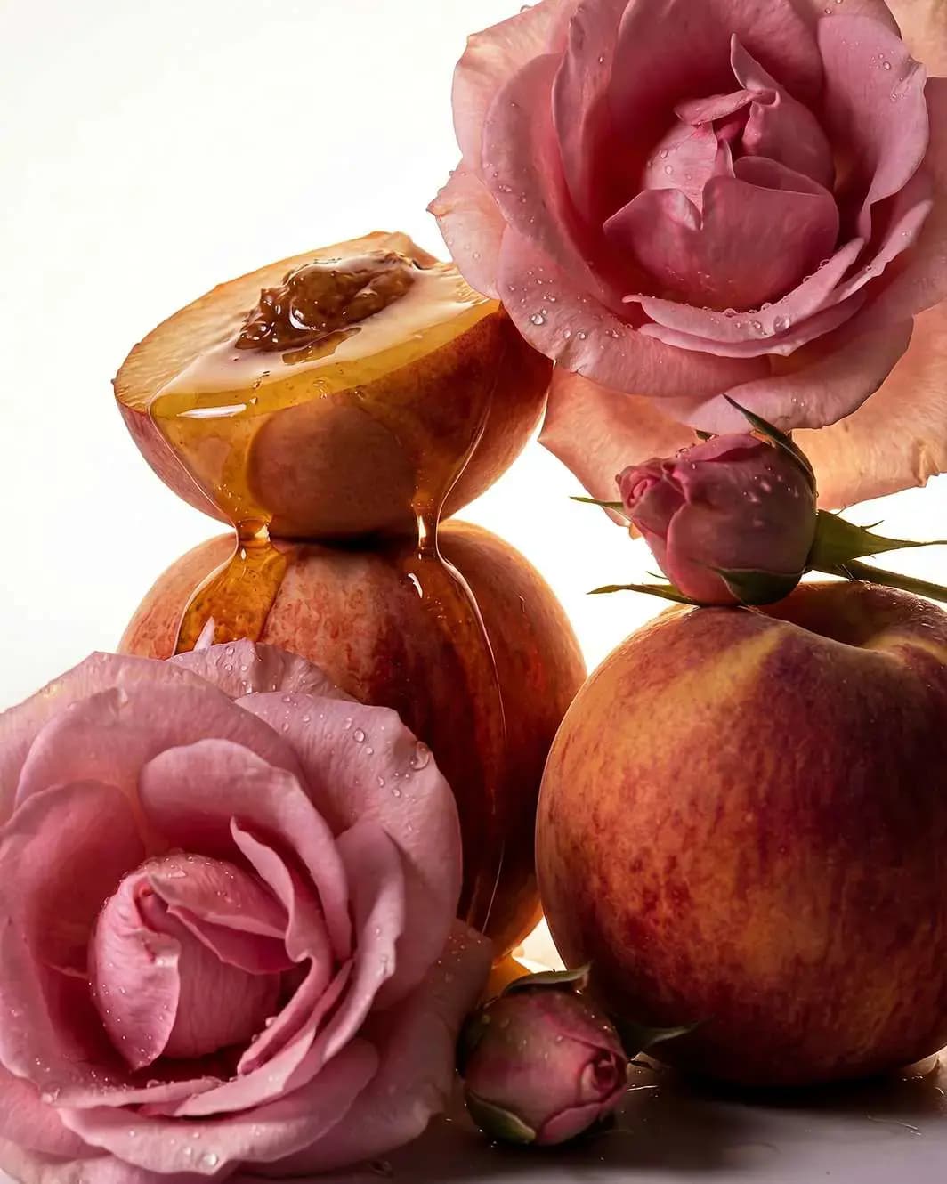 Still life of dewy pink roses and peaches, one halved peach dripping golden honey-like liquid
