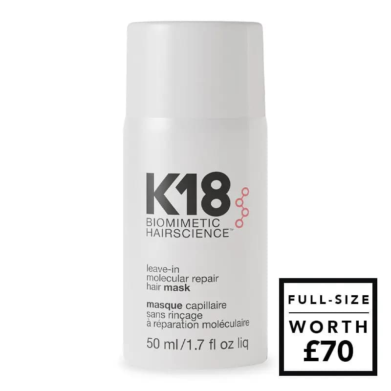 White K18 leave-in molecular repair hair mask 50ml bottle with pink molecule logo, worth £70