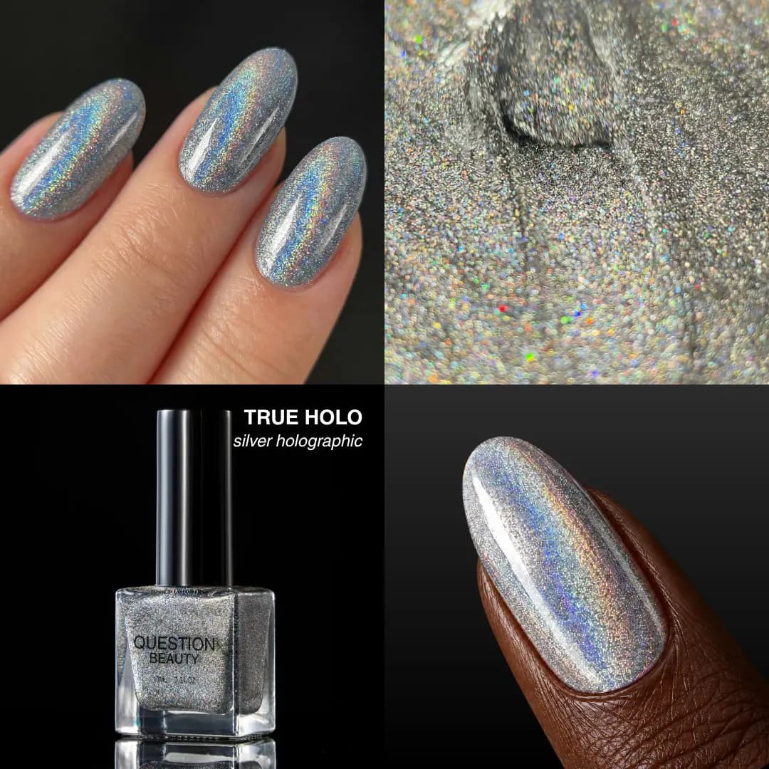 True Holo silver holographic polish with rainbow flare on nails, a fine glitter macro and its bottle