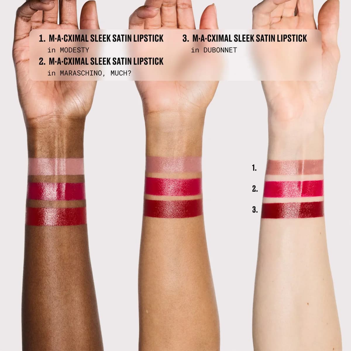 Satin lipstick swatches of the three shades on deep, medium and fair forearms, with shade labels