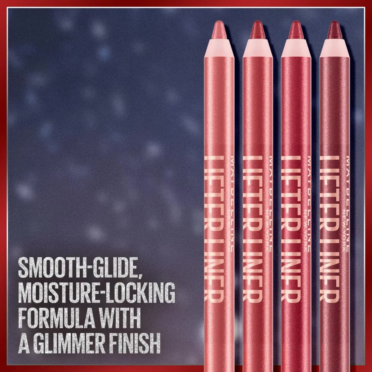 Four rosy-to-plum metallic Lifter Liner pencils on a starry navy backdrop, touting a smooth-glide glimmer formula