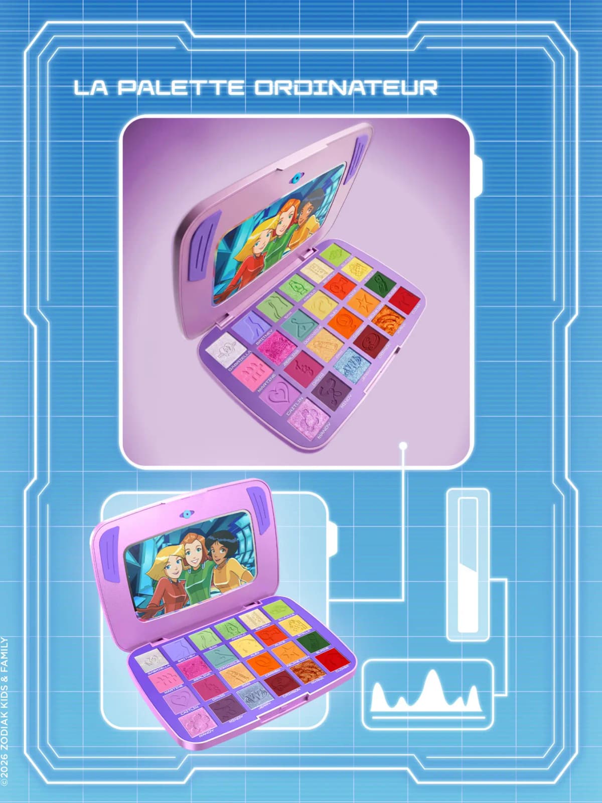 Pink laptop-shaped eyeshadow palette with 24 shades and character screen mirror, labeled LA PALETTE ORDINATEUR.