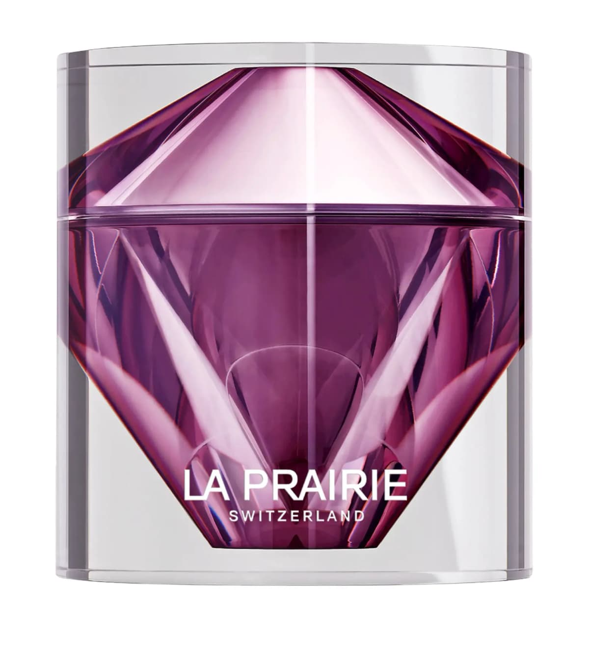 Faceted purple crystal-style cream jar in a clear casing, printed La Prairie Switzerland in white