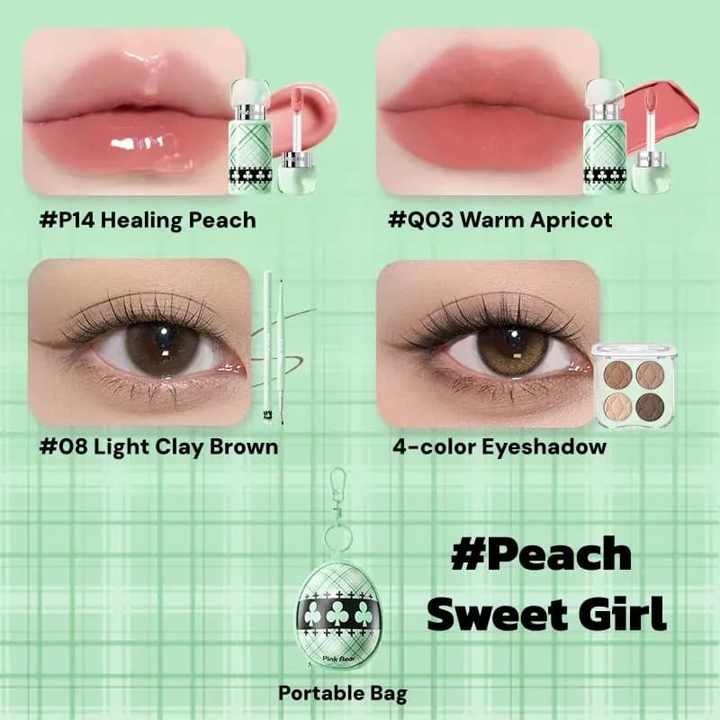 Peach Sweet Girl set featuring P14 Healing Peach, Q03 Warm Apricot, #08 Light Clay Brown, eyeshadow and green egg bag.