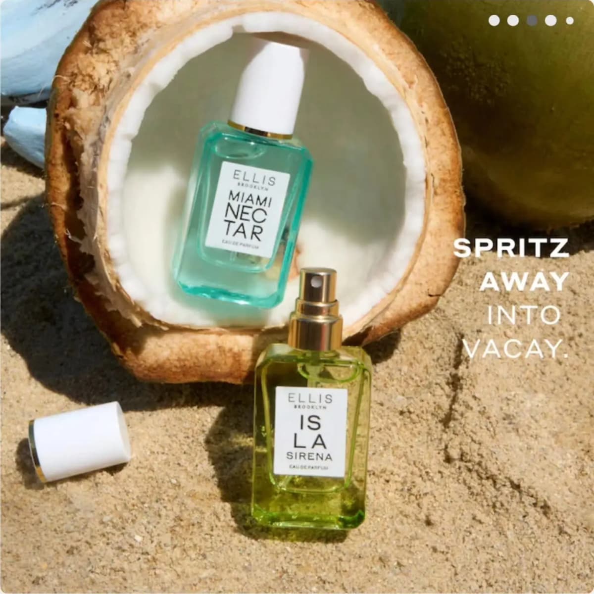 Aqua MIAMI NECTAR mini inside a halved coconut, uncapped lime ISLA SIRENA below on sand, with text "Spritz away into vacay.