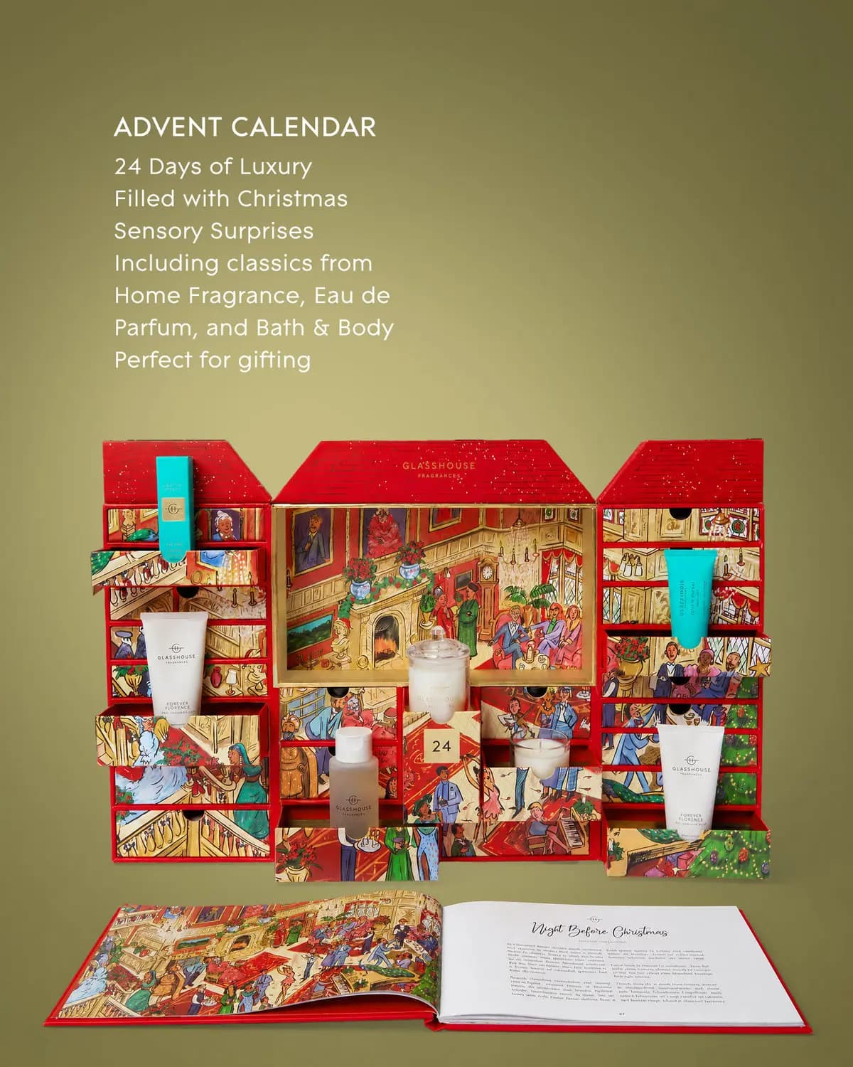 Opened red townhouse advent calendar revealing drawers, candles and bath products with a storybook below on olive background