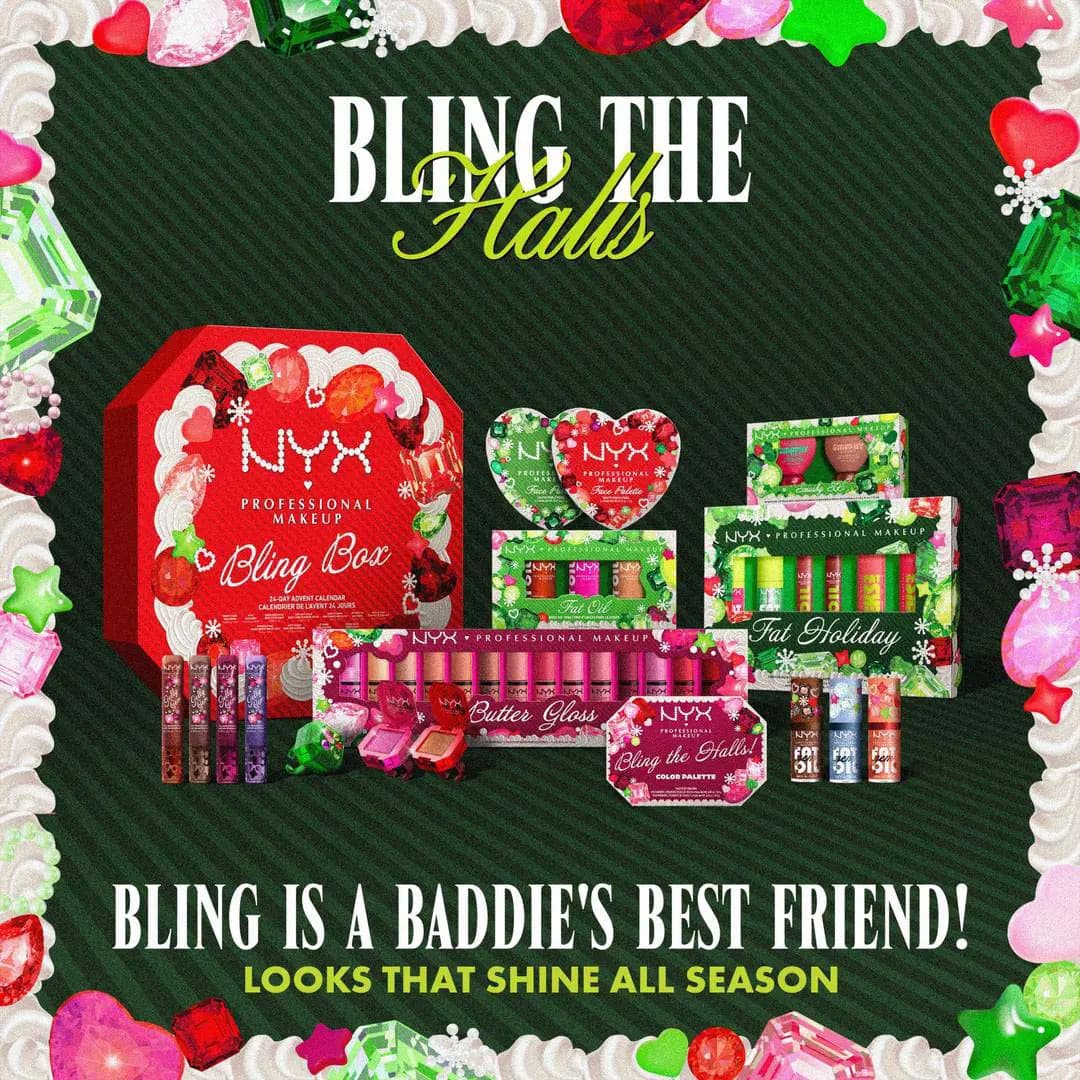 NYX Bling The Halls Holiday 2026 key visual with Bling Box, Fat Oil, Fat Holiday, Butter Gloss and palettes on green.