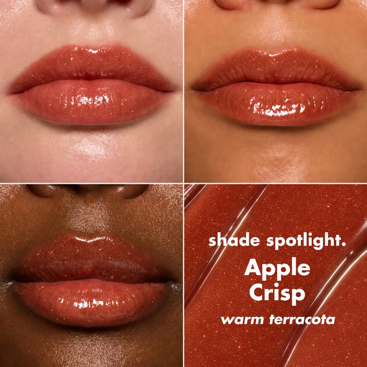 Lip swatches on four skin tones of the advent-exclusive Glow Reviver Melting Lip Balm in Apple Crisp, a warm terracotta gloss