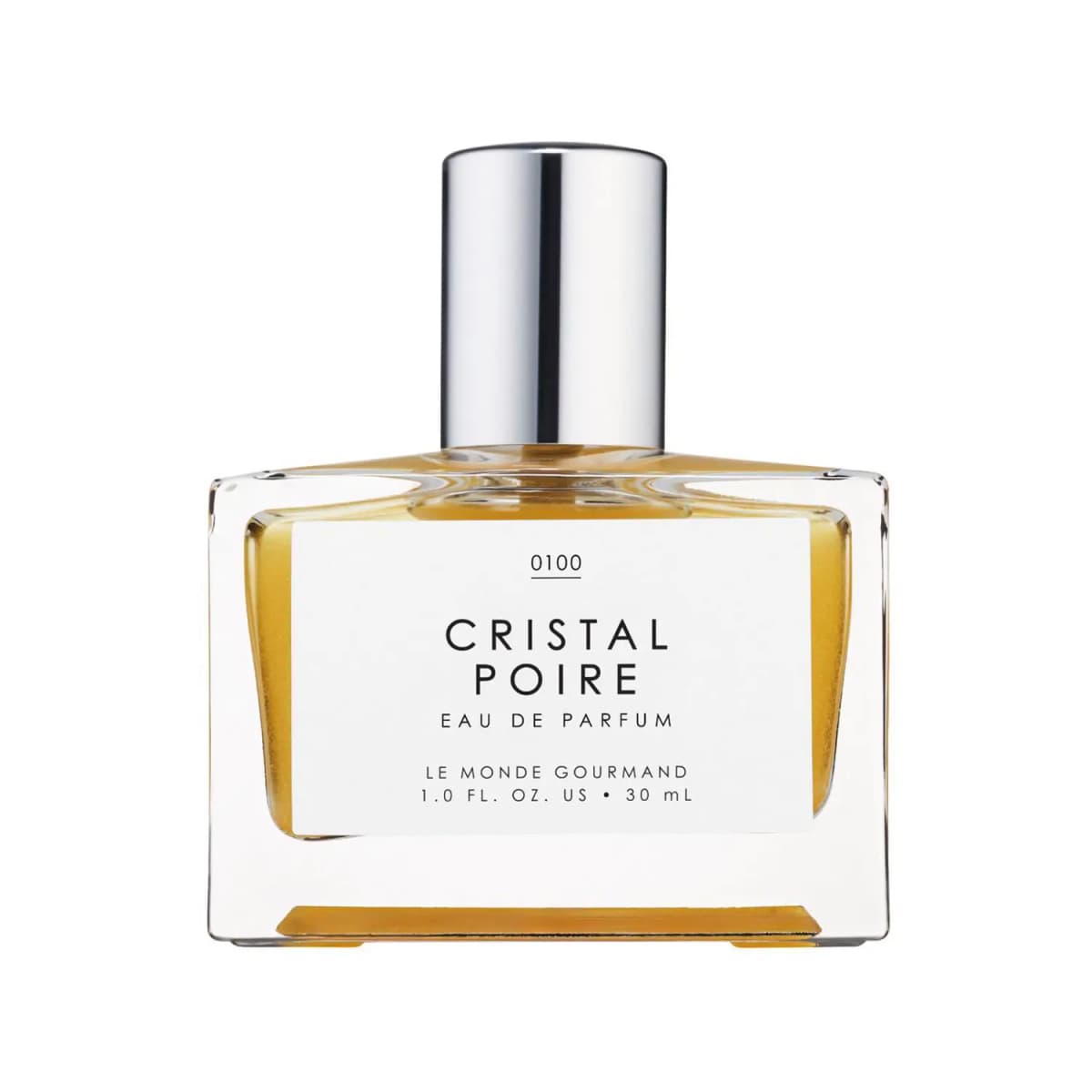Le Monde Gourmand Cristal Poire Eau de Parfum bottle, square glass with golden liquid, silver cap and white label