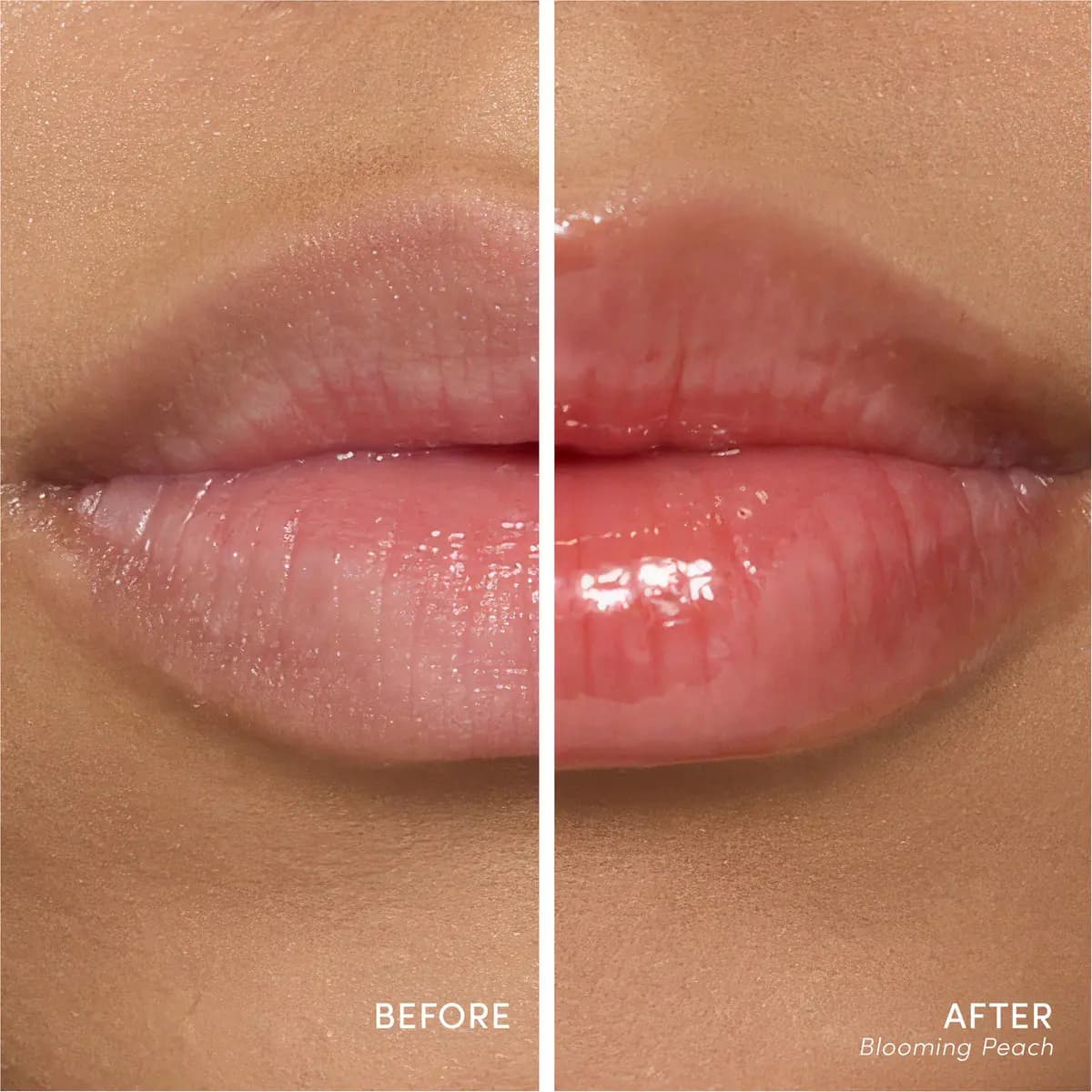 Split close-up of medium-toned lips before and after Blooming Peach, leaving a glossy, sheer peachy-pink finish.