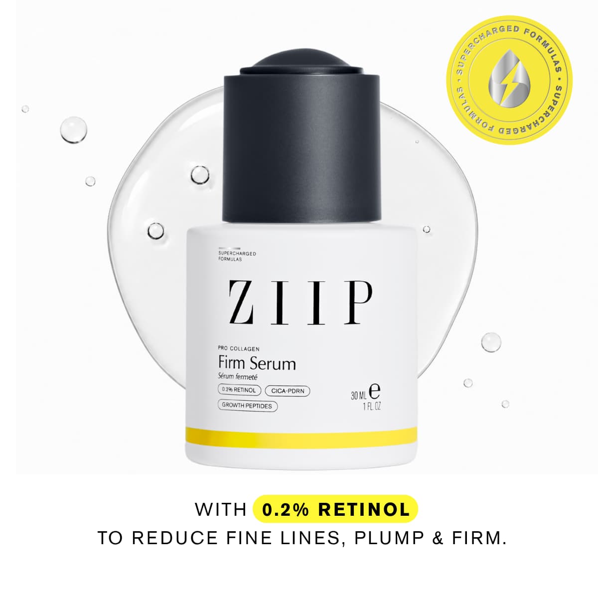 Firm Serum with a charcoal dropper cap on a clear gel puddle, labelled 0.2% retinol