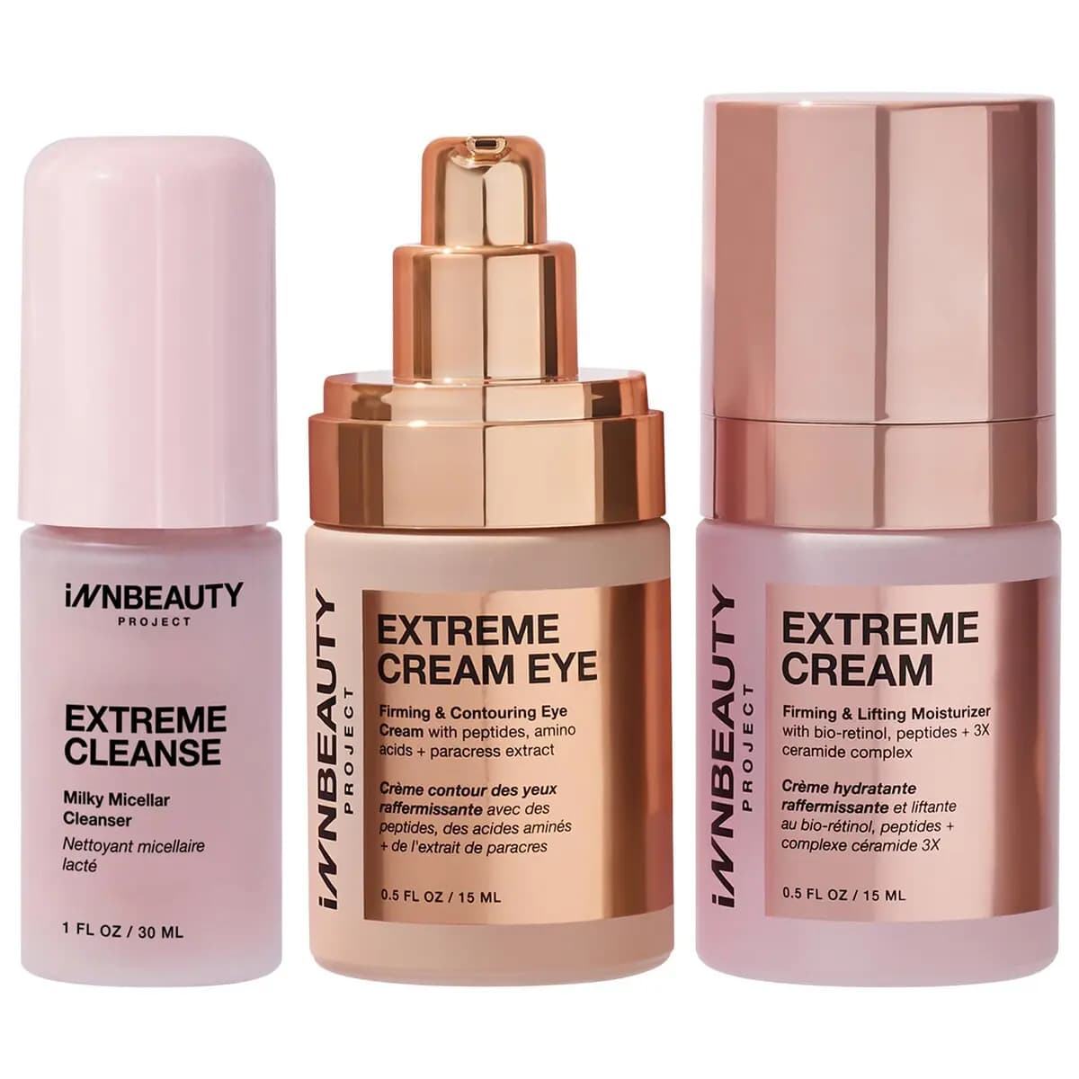 INNBEAUTY PROJECT Extreme Routine Firming & Barrier Repair Set: pink cleanser, rose-gold eye cream pump and cream bottles