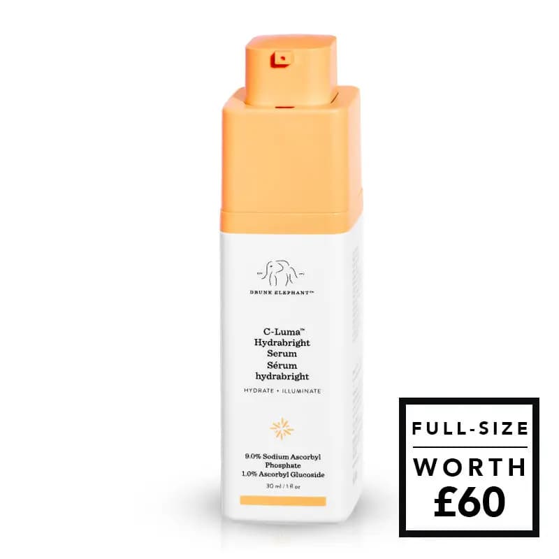 Drunk Elephant C-Luma Hydrabright Serum in a white pump bottle with an orange cap, full-size worth £60