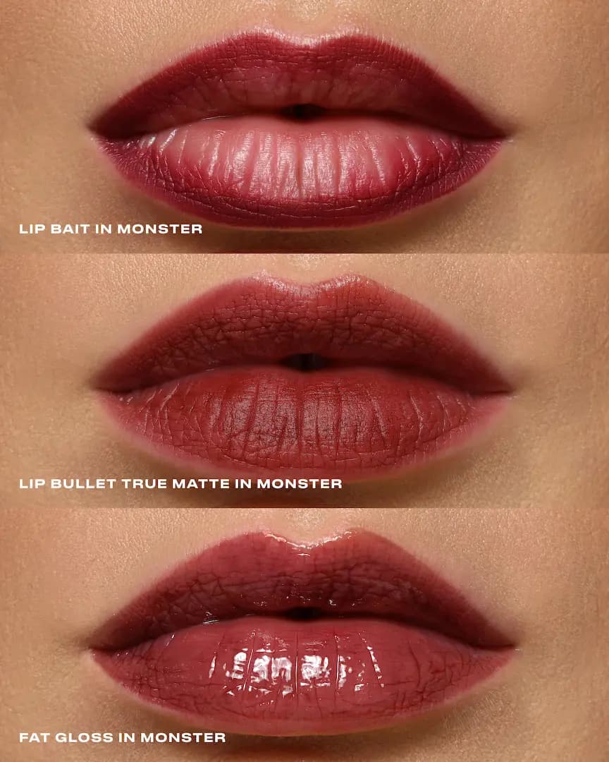 Lip swatches of ISSY Lip Bait, Lip Bullet True Matte and Fat Gloss in Monster, deep burgundy on medium skin