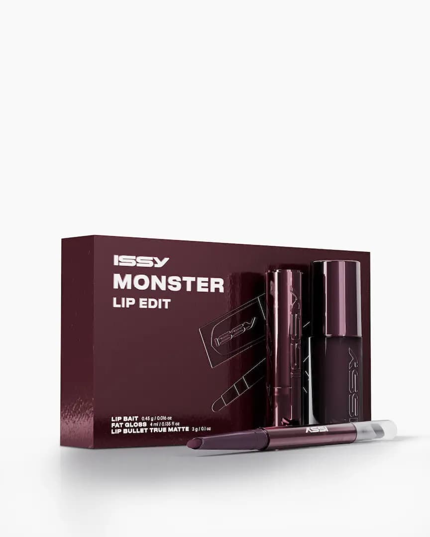 ISSY Monster Lip Edit box in glossy burgundy with a plum Lip Bait pencil in front