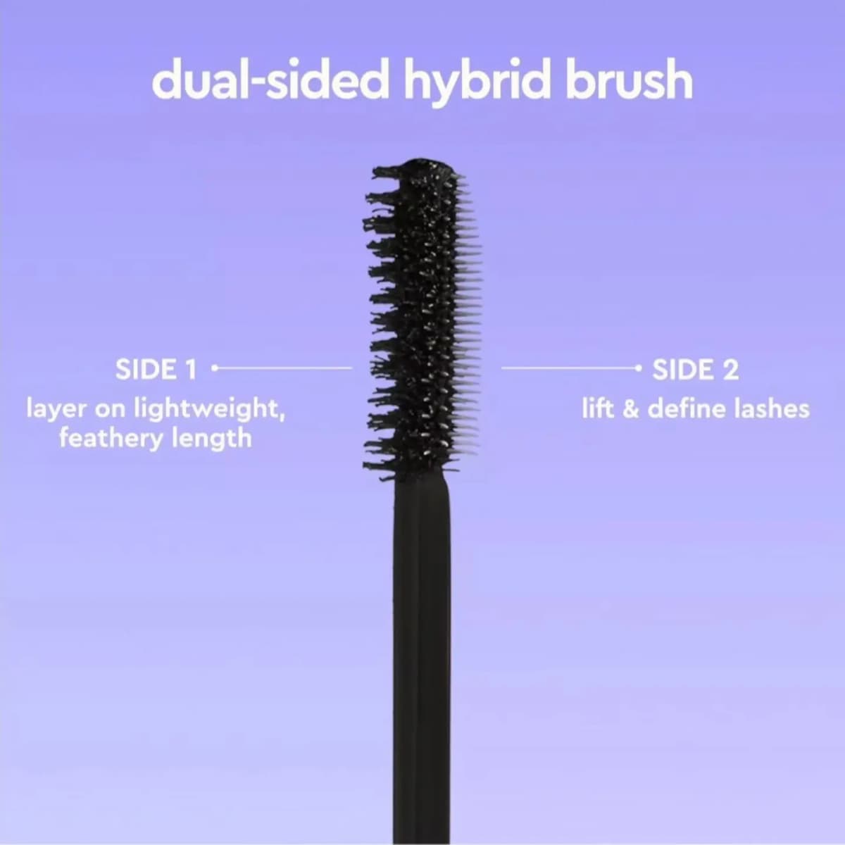 Black dual-sided hybrid brush close-up, labelled for feathery length on one side and lift on the other