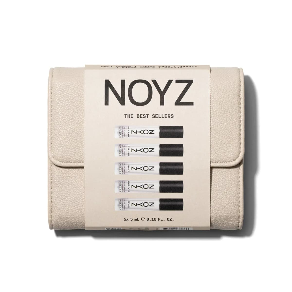 Cream pebbled pouch with The Best Sellers band showing five 5 mL NOYZ Eau de Parfum sprays