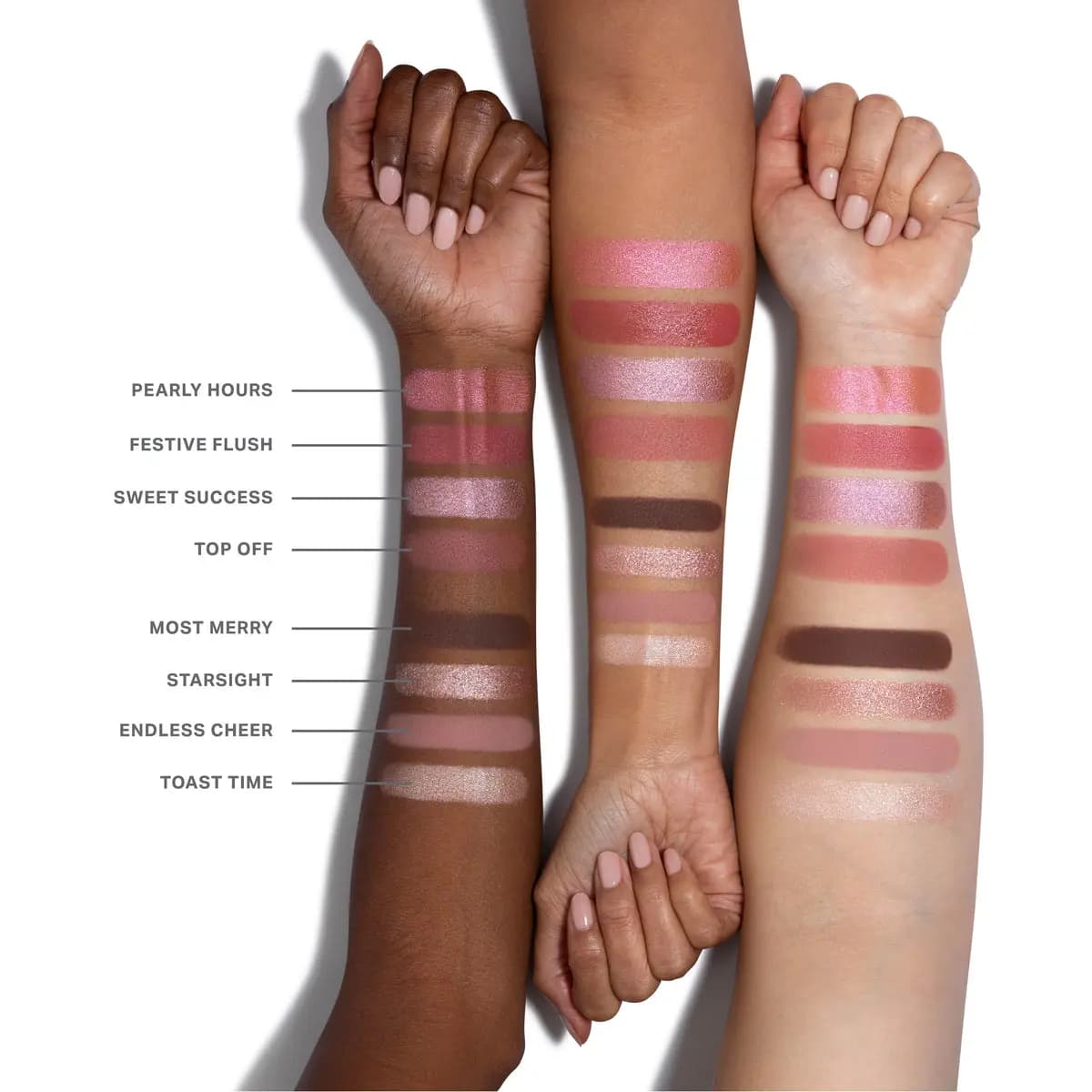 Pearly Hours to Toast Time swatches of pink, rose, brown and champagne shades on deep, medium and fair arms