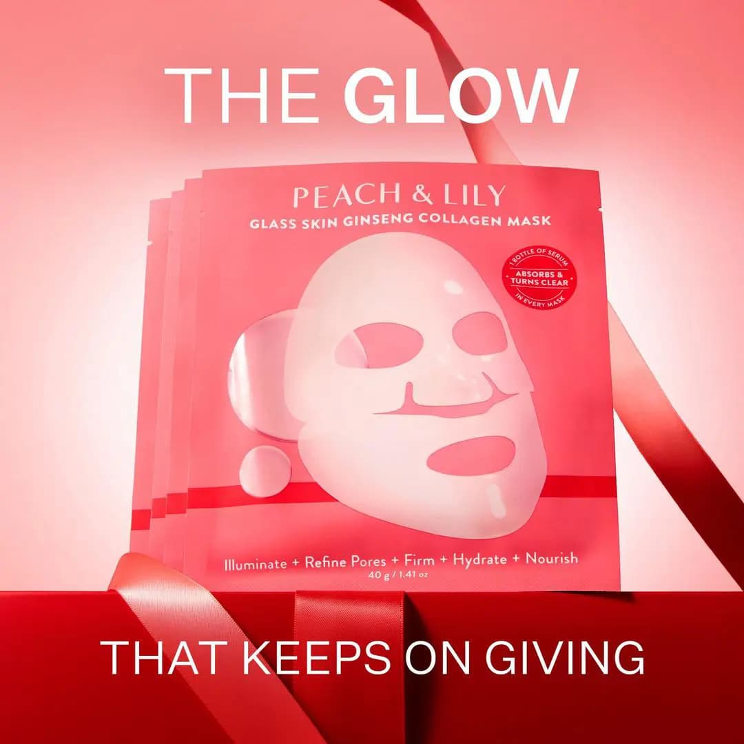 Glass Skin Ginseng Collagen Mask sachets on a red gift box with ribbon, text reads The Glow That Keeps On Giving
