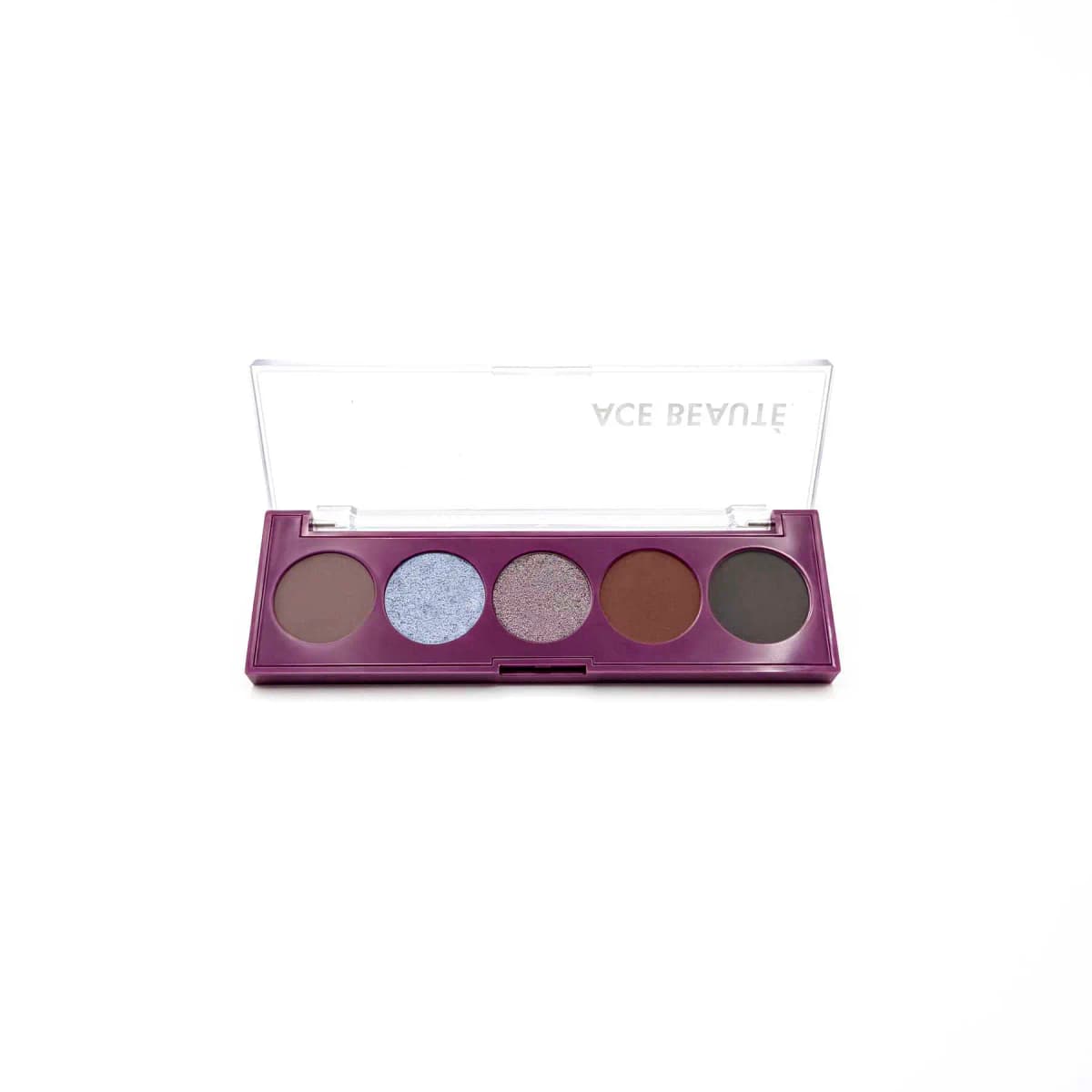 Open Ace Beauté Mini Serenade palette with clear lid showing five round pans, from mauve-brown to charcoal, on white.