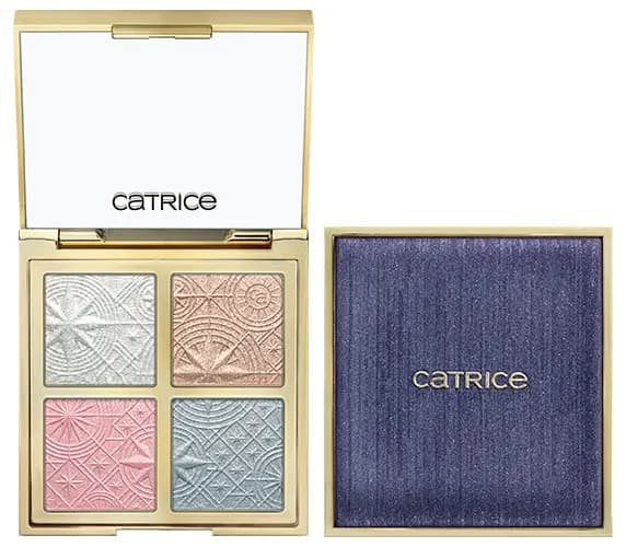 Stargazing Cheek & Eye Palette open with four embossed shimmer shades beside its glittery navy and gold closed lid