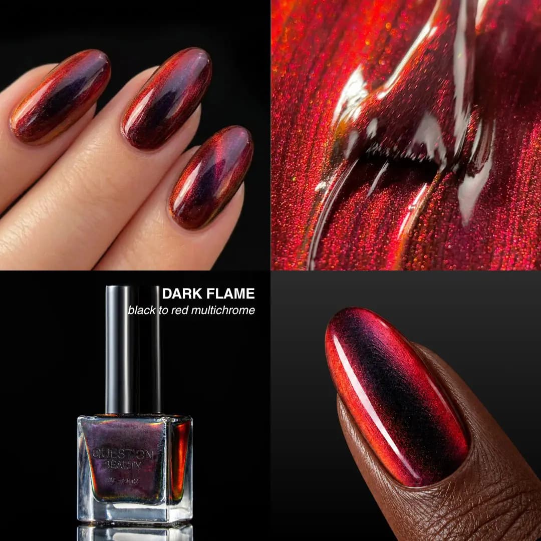 Dark Flame black-to-red multichrome with a dark centre and fiery edges on nails, a glossy macro and bottle