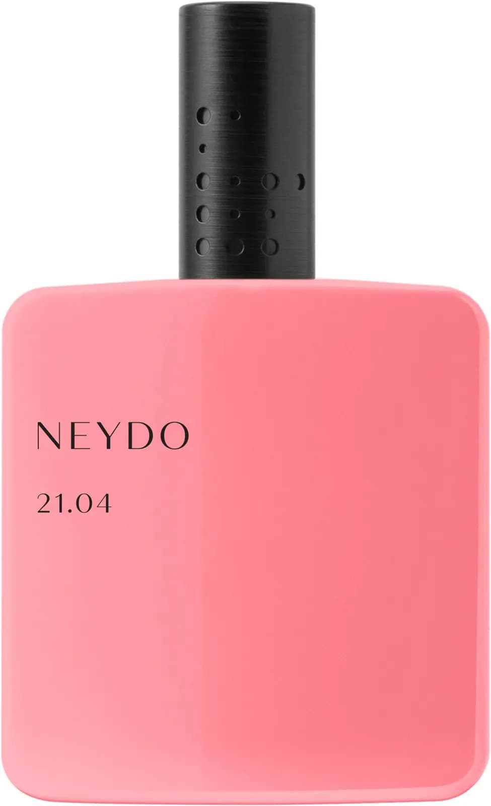 Coral-pink NEYDO 21.04 bottle with brushed black perforated cap on a white background