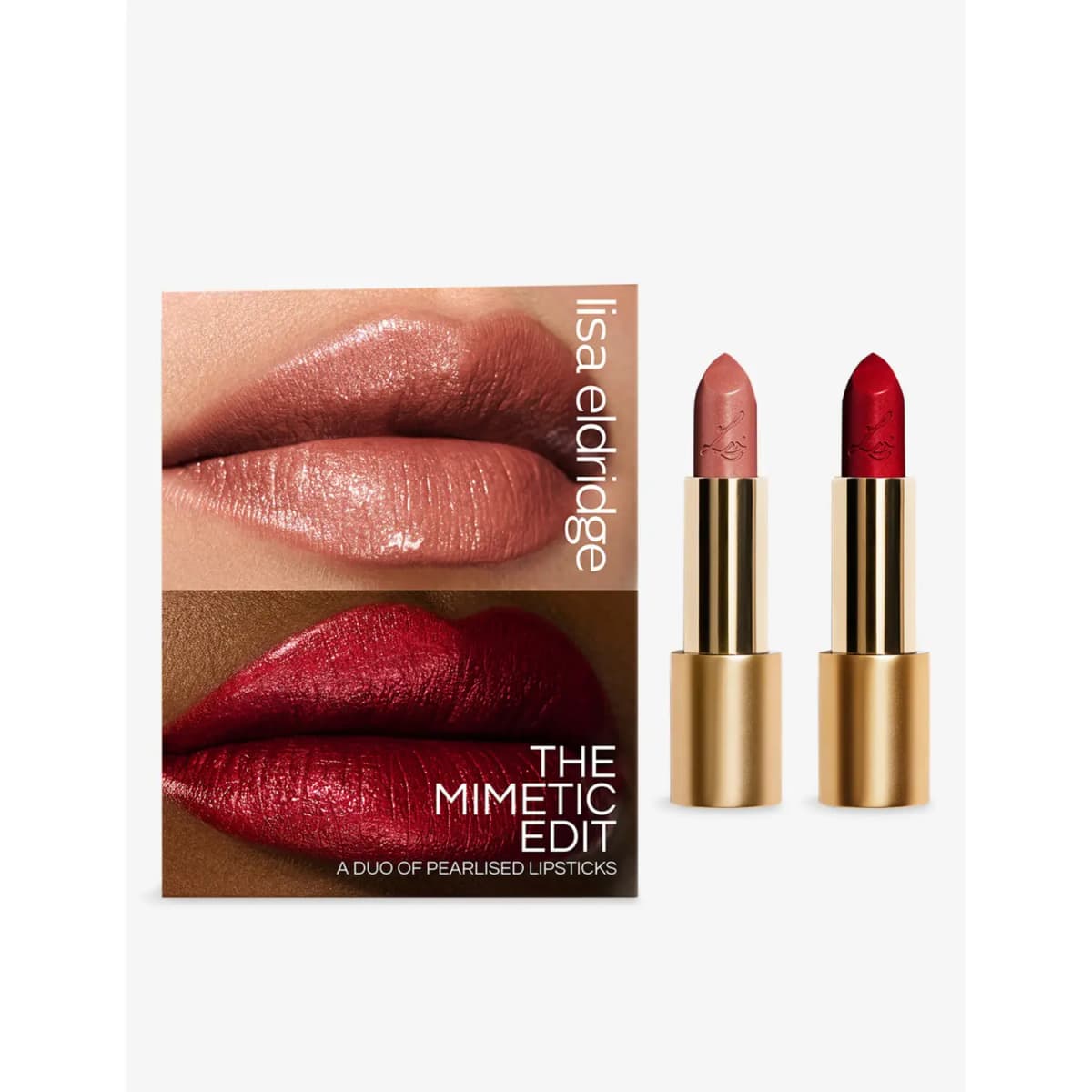 Lisa Eldridge The Mimetic Edit Lipstick Gift Set box with lip swatches beside nude-pink and red lipsticks in gold cases