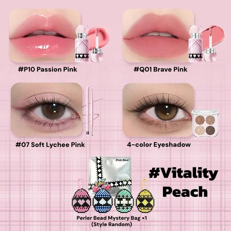 Vitality Peach set with P10 Passion Pink, Q01 Brave Pink, #07 Soft Lychee Pink, eyeshadow and perler bead mystery bag.