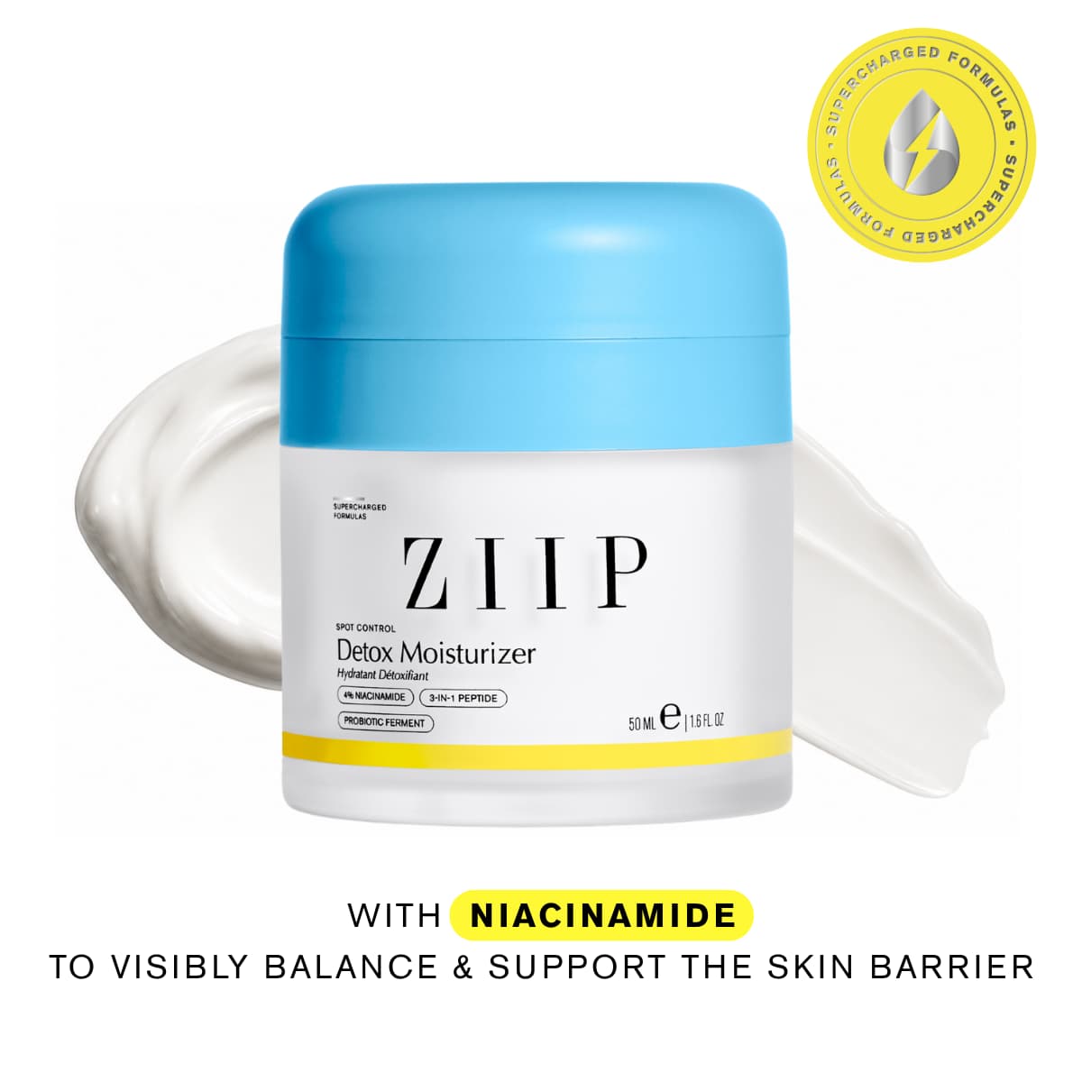 Detox Moisturizer jar with a blue lid flanked by smears of white cream, noting niacinamide