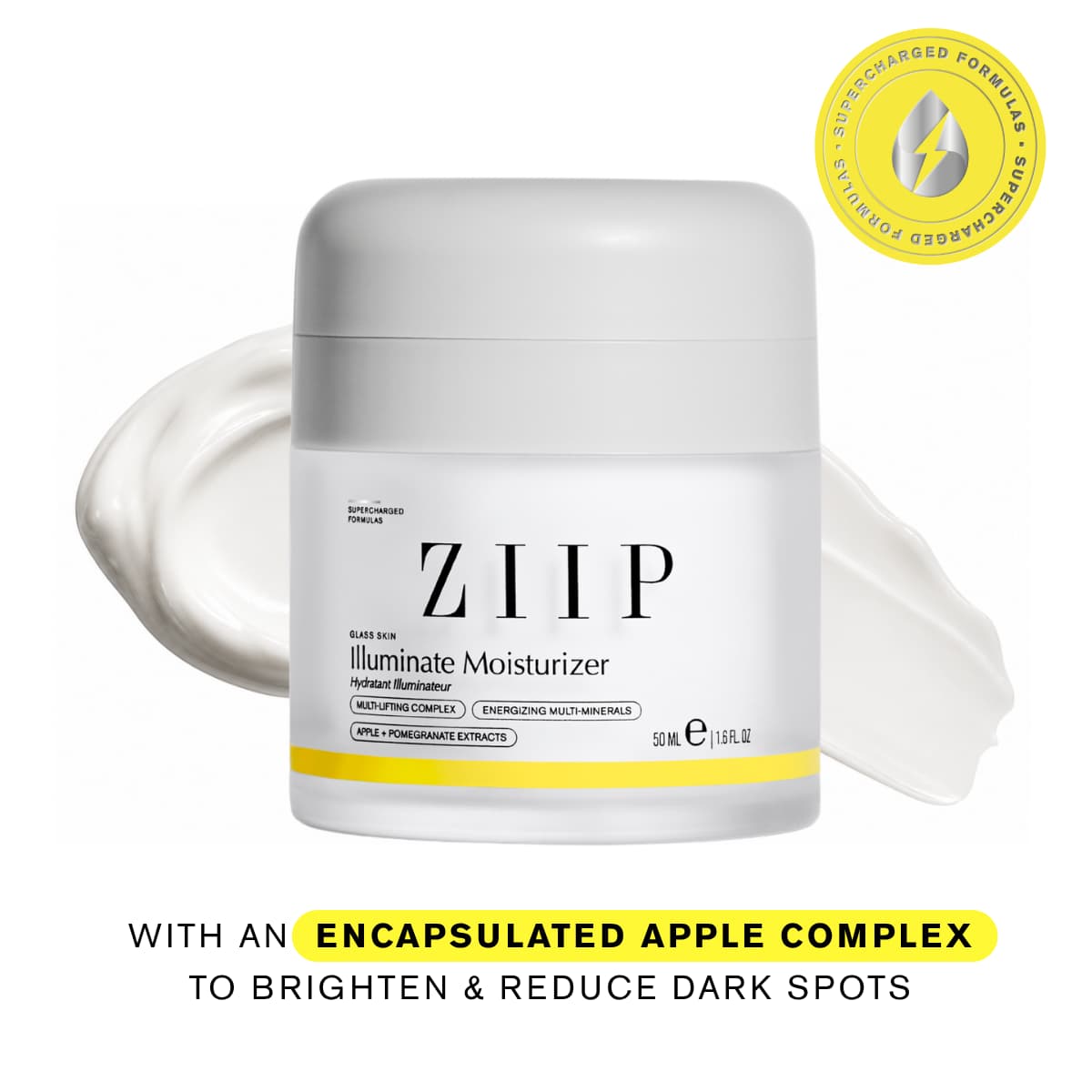Illuminate Moisturizer jar with frosted grey lid between swirls of white cream
