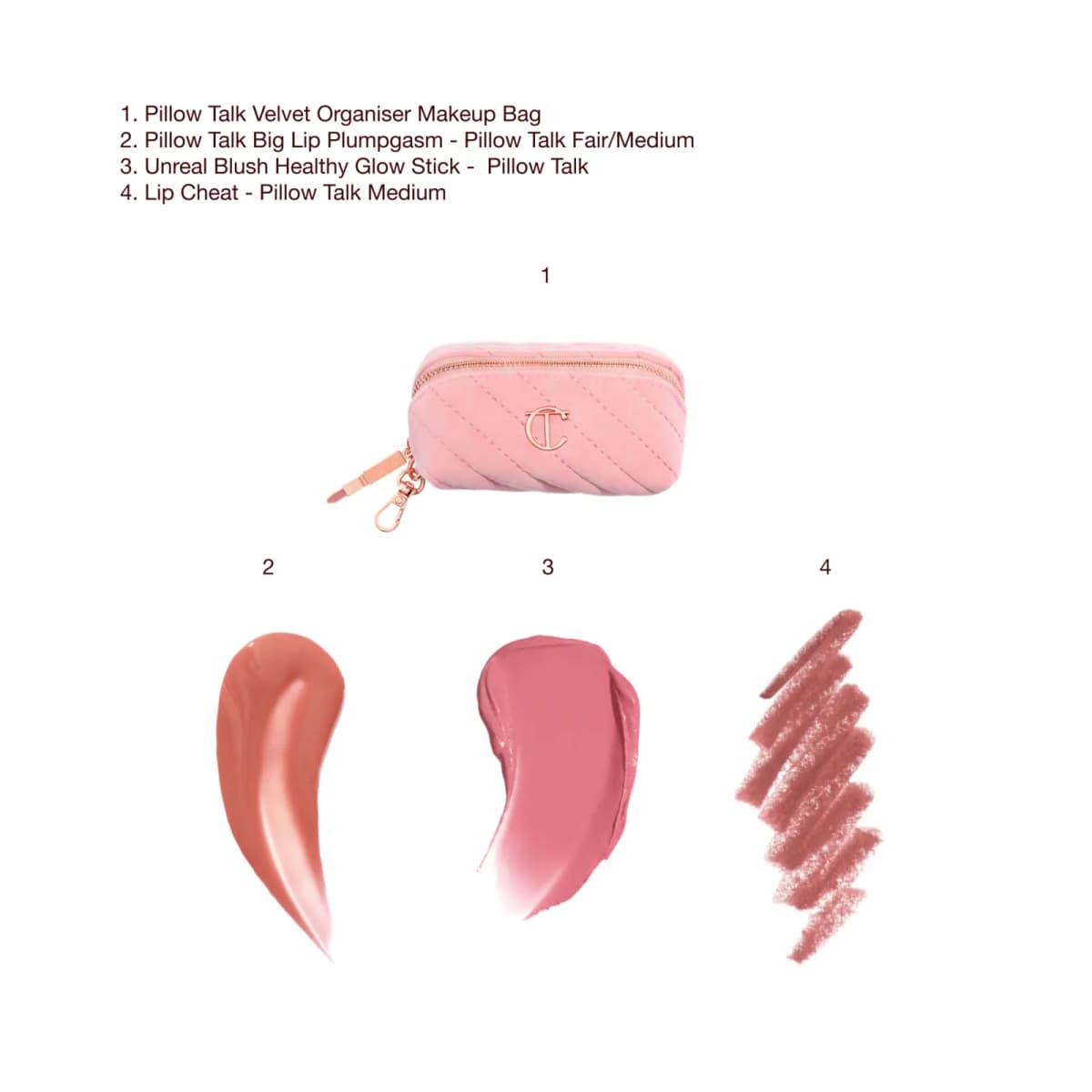 Velvet Organiser bag shown with smears of peachy nude gloss, rosy pink blush stick and dusty rose lip liner