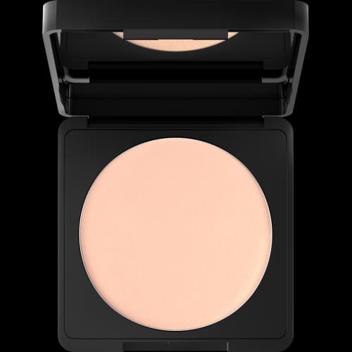 Compact powder in black case with pale peach pressed powder and mirror