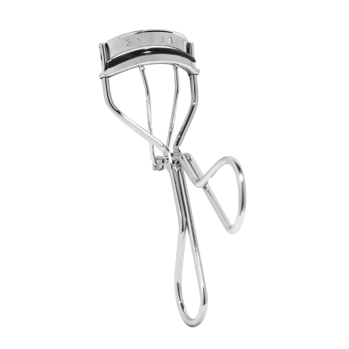 Silver HALEYS eyelash curler with black rubber pad and looped handles on a white background