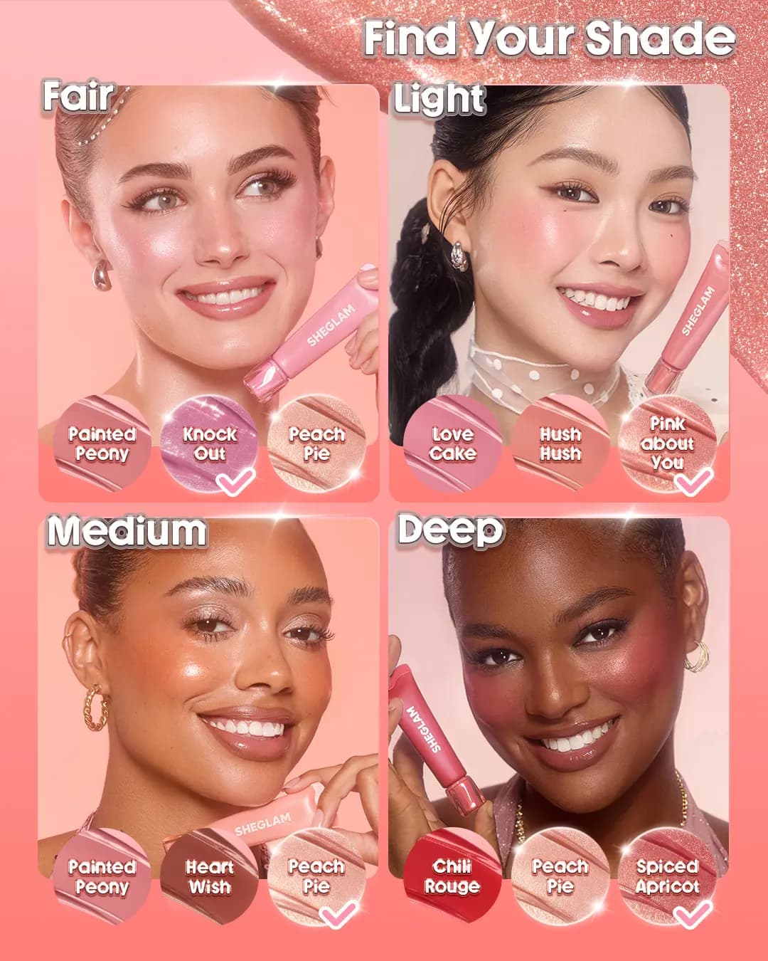 Find Your Shade grid of four models from fair to deep, each with three recommended shade swatches