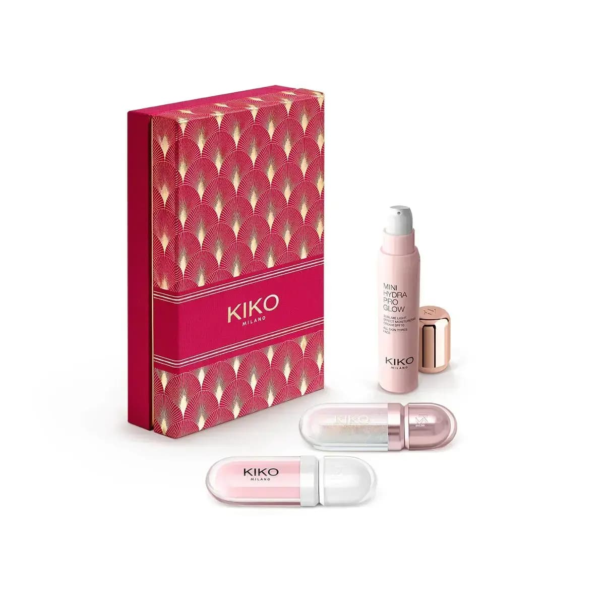 KIKO red box with Mini Hydra Pro Glow moisturiser and two pale pink and pearly lip glosses
