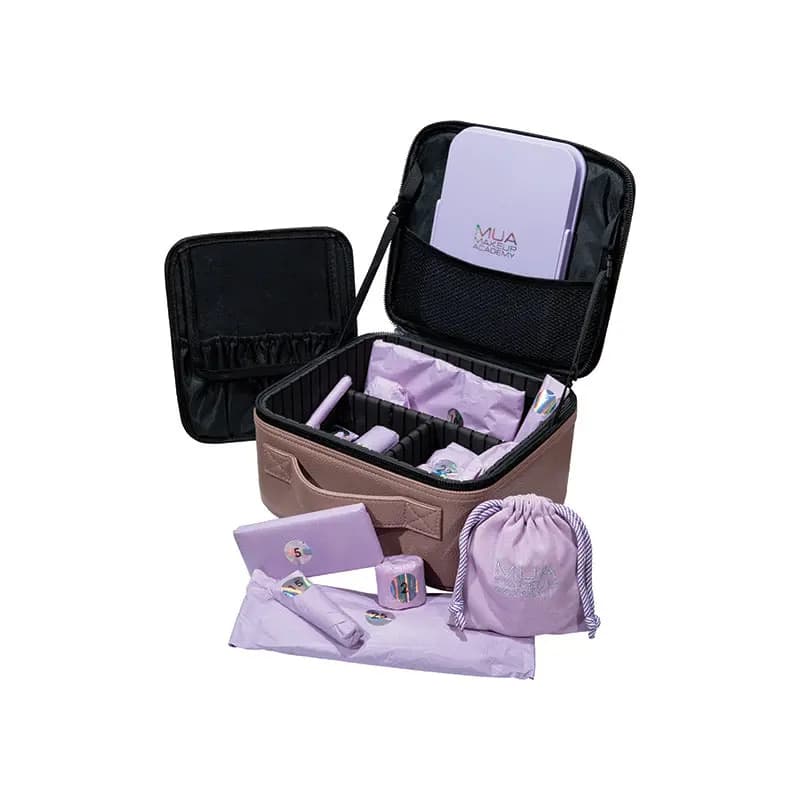 Open pink MUA vanity case with black lining, lilac-wrapped numbered gifts, a lilac drawstring pouch and mirror.