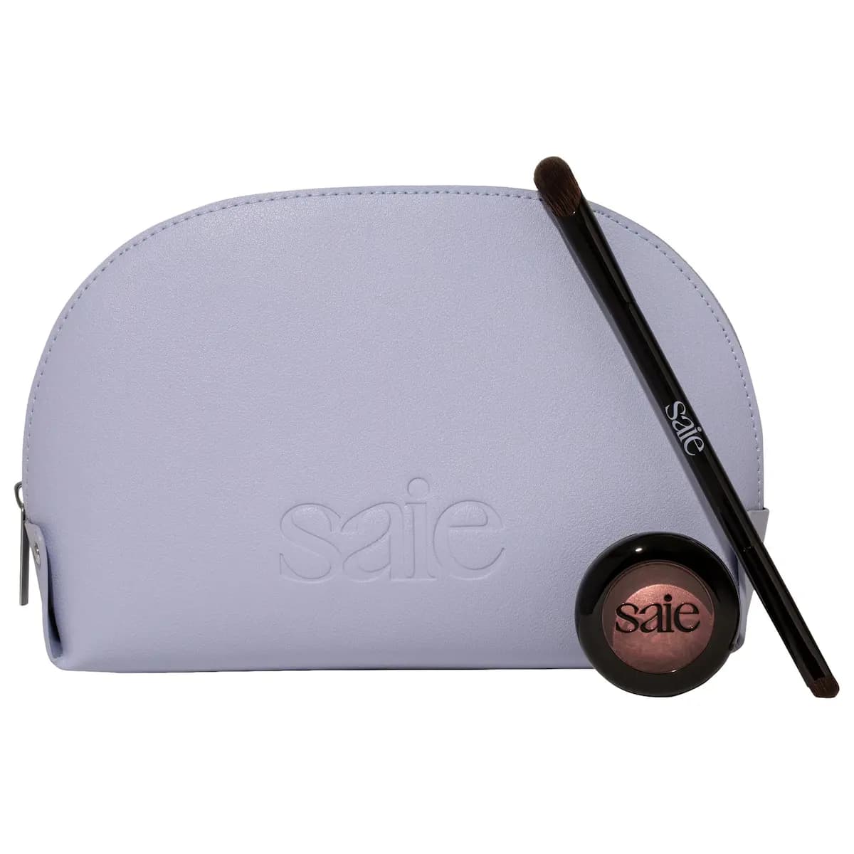 Hannah Chody x Saie Eye Kit with lavender mini Moon Bag, black eyeshadow brush and rose gold baked eyeshadow compact