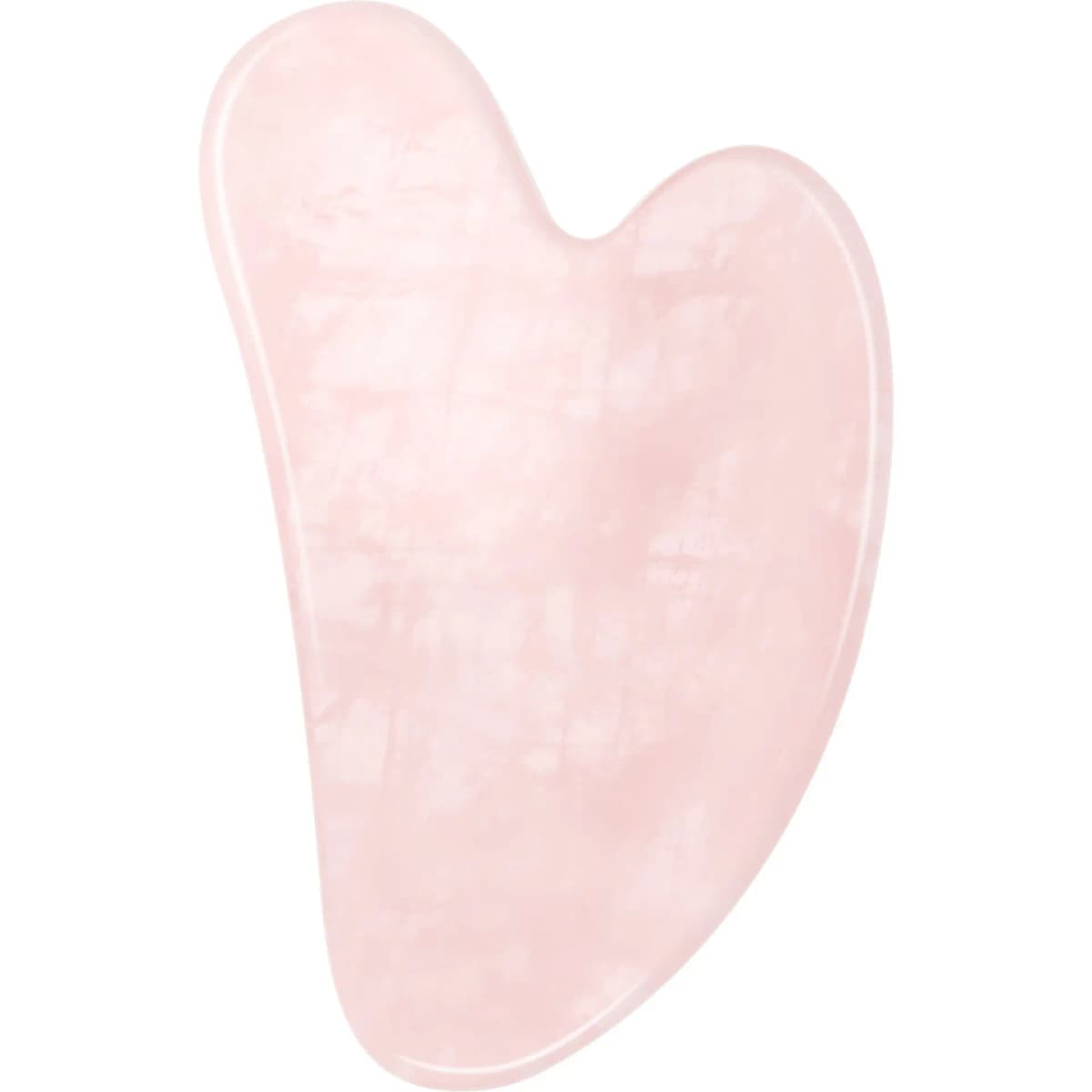 Pale pink rose-quartz-look heart-shaped gua sha stone on a white background