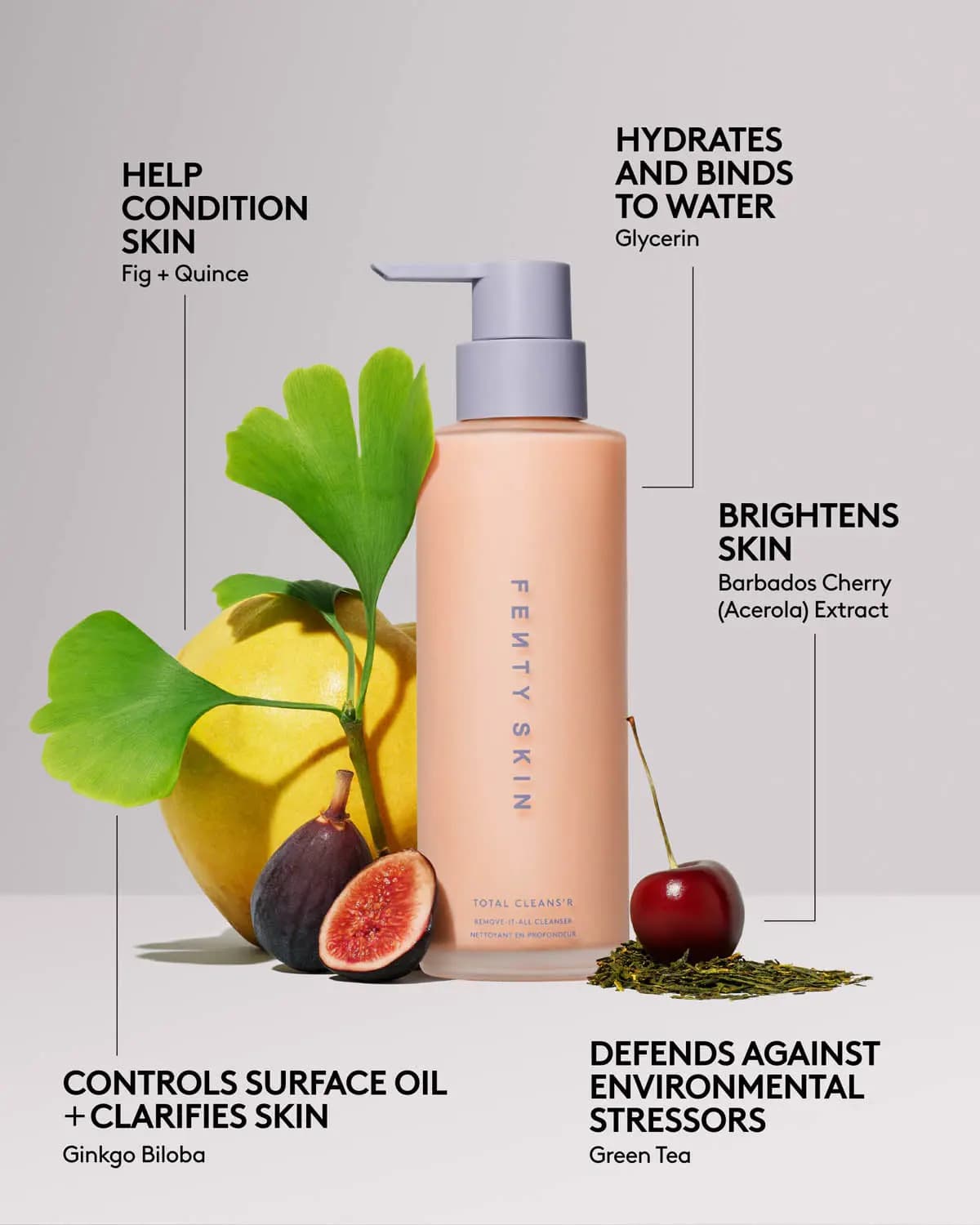 Peach Fenty Skin Total Cleans'r bottle surrounded by fig, ginkgo, cherry and green tea ingredients