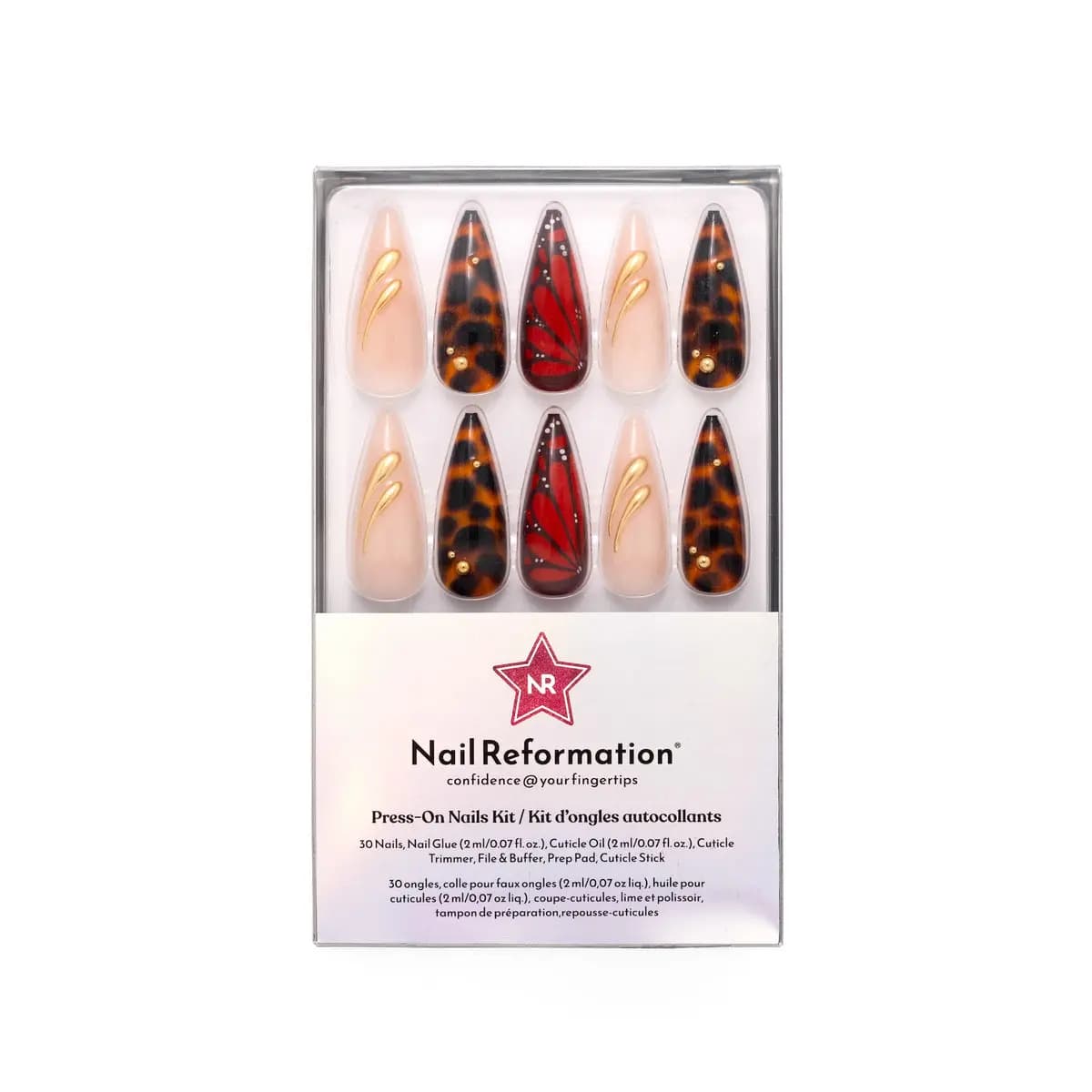 Nail Reformation Tortoiseshells kit of long stilettos in red butterfly, tortoiseshell with gold studs and nude gold swirl.