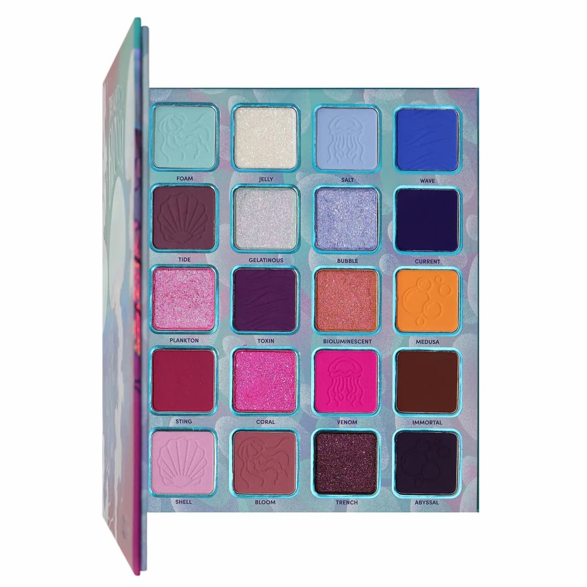 Open 20-pan eyeshadow palette showing labeled shades from Foam to Abyssal in blues, purples, pinks, and oranges