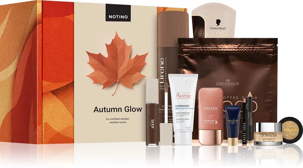 Beauty Box Notino – Autumn Glow with orange maple-leaf box, self-tanner, hair gloss, coffee scrub, cream and makeup