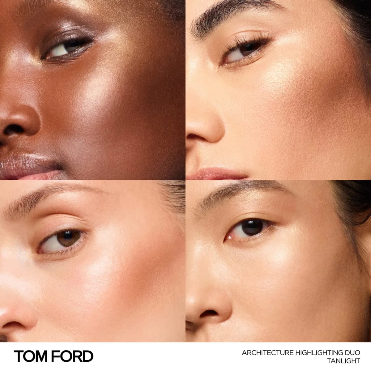 Four close-ups of models with deep to fair skin wearing Tanlight, showing glowing highlighted cheekbones.