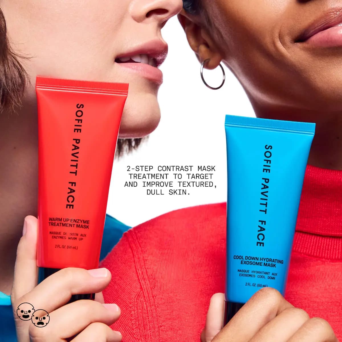 Two models hold the red Warm Up and blue Cool Down tubes to their faces with text on the 2-step contrast mask treatment