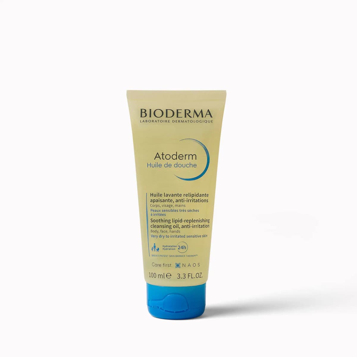 Translucent yellow Bioderma Atoderm Huile de douche cleansing oil tube with blue cap, 100ml