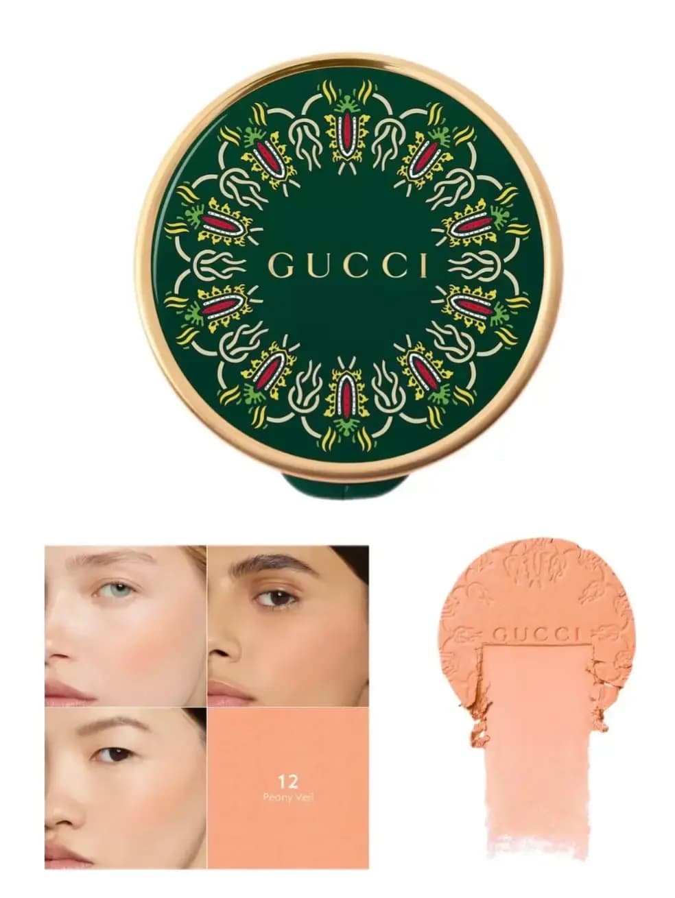 Gucci blush 12 Peony Veil with ornate green lid, soft peach cheek swatches on three models and an embossed peach pan