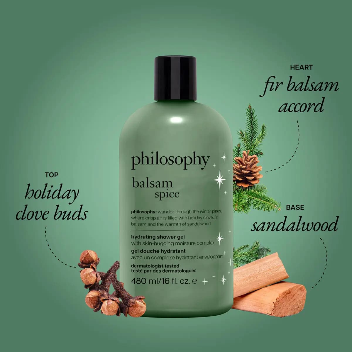 Sage green philosophy balsam spice 16 oz shower gel with clove buds, fir branch with pinecone and sandalwood pieces