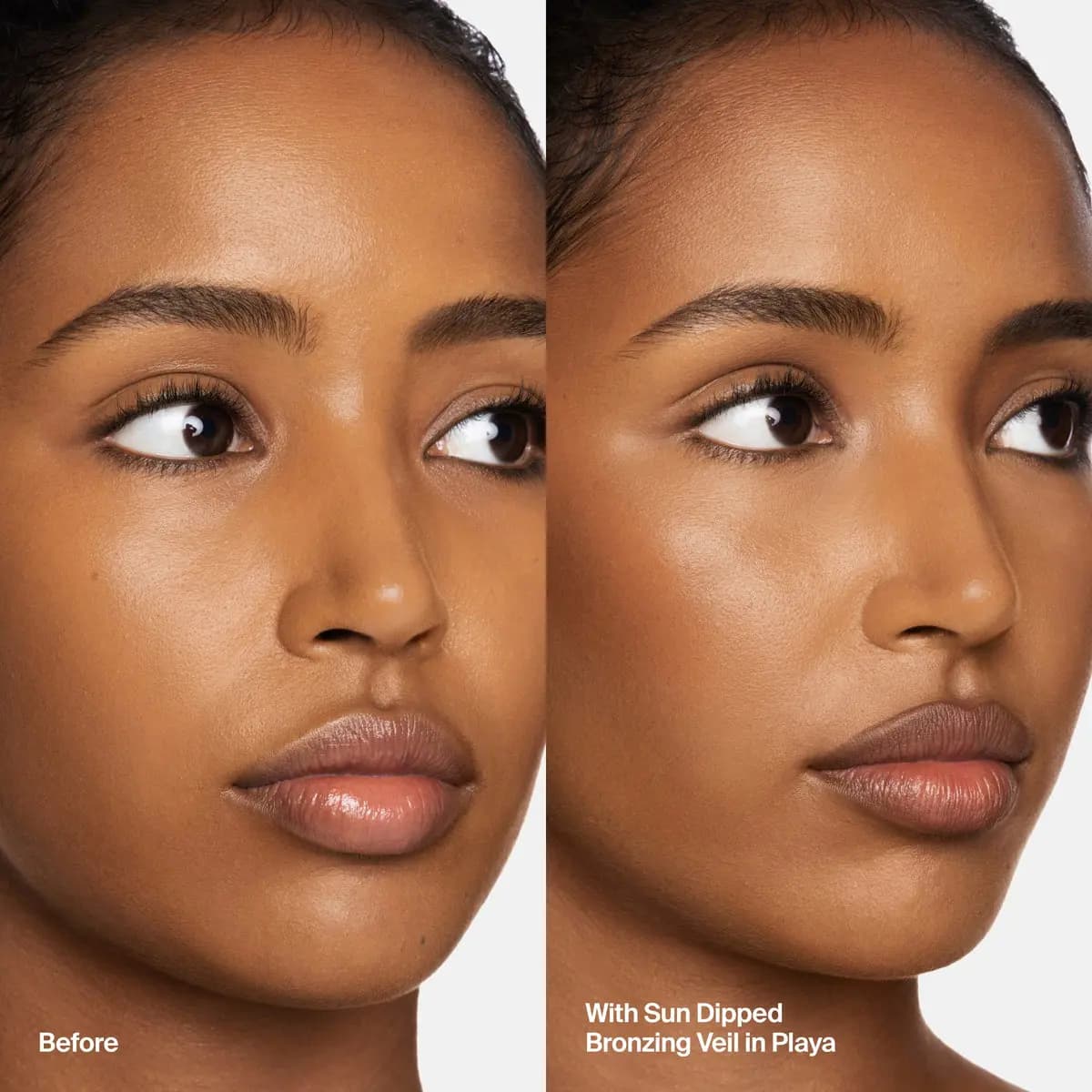 Before and after close-up of a model with warmer, sculpted cheekbones wearing the Bronzing Veil in shade Playa